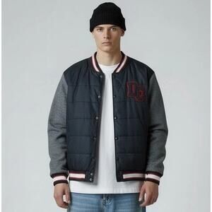 DC Shoes Varsity Bomber Jacket XXL Black Gray Quilted Letterman Skate Y2K